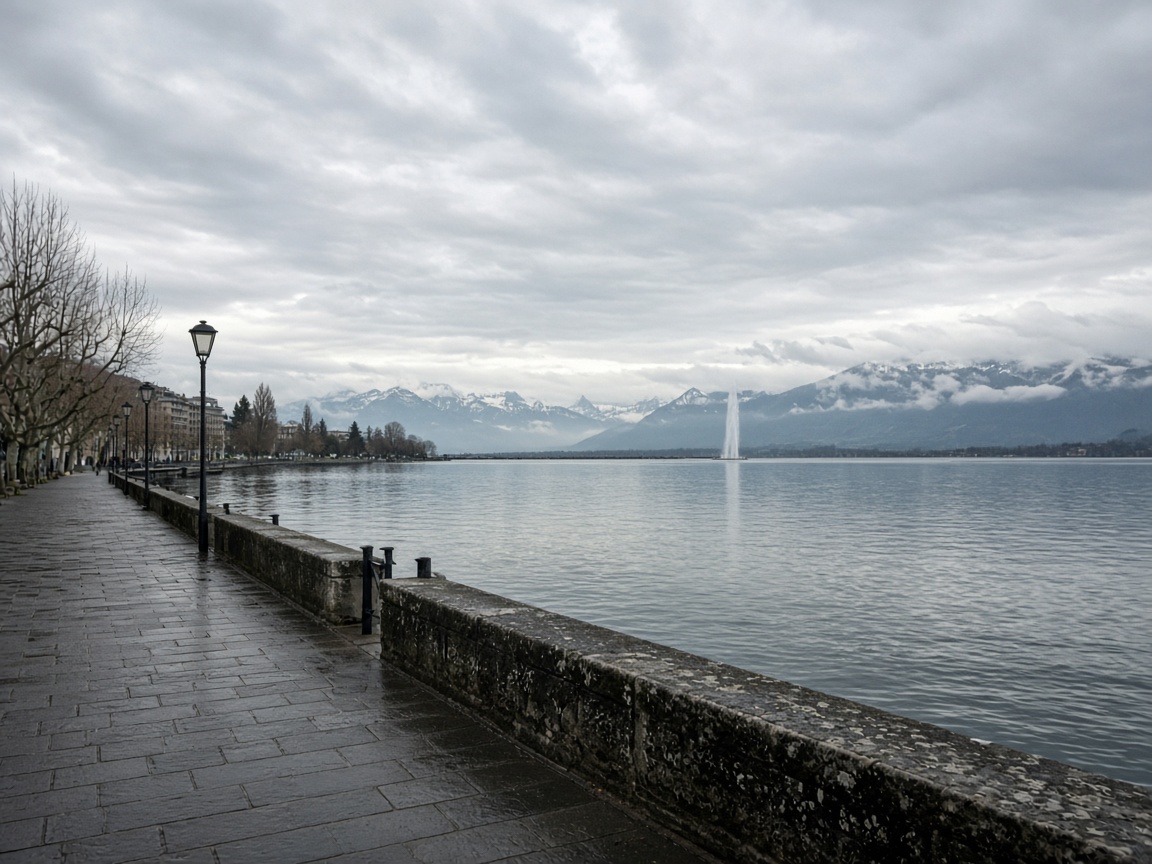 Muelle del lago Lemán en Ginebra, fuente a lo lejos